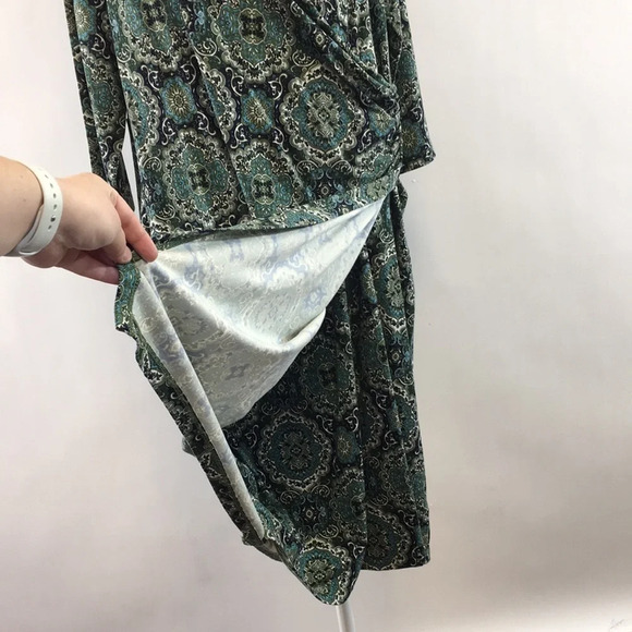 Talbots Green‎ Blue Batik Midi Faux Wrap Dress Womens X 3/4 Sleeve - Picture 5 of 10